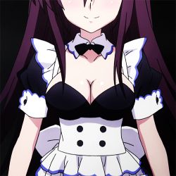 Rule 34 | 10s, 1girl, absolute duo, animated, animated gif, bouncing breasts, bow, bowtie, breasts, cleavage, detached collar, hands on own hips, large breasts, leaning forward, long hair, lowres, maid, purple eyes, purple hair, smile, tsukimi rito, wrist cuffs