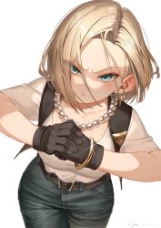 Rule 34 | 1girl, android 18, belt, black gloves, blonde hair, blue eyes, breasts, cleavage, denim, dragon ball, earrings, gloves, highres, jacket, jeans, jewelry, looking at viewer, pants, ryota (ry o ta), short hair, simple background, skirt, solo, white background