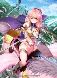 Rule 34 | 1girl, alternate costume, armor, armored boots, bat wings, boots, breastplate, cape, curly hair, day, faceless, feathered wings, fire emblem, fire emblem cipher, fire emblem echoes: shadows of valentia, genny (fire emblem), gloves, hairband, kousei horiguchi, nintendo, official art, one eye closed, pegasus, pegasus knight uniform (fire emblem), pink eyes, pink hair, polearm, sky, sparkle, spear, teeth, thighhighs, weapon, wings