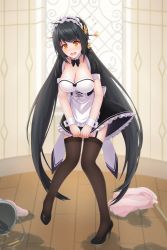 Rule 34 | 1girl, absurdres, alternate costume, alternate hairstyle, apron, ara haan, black bow, black dress, black footwear, black hair, black pantyhose, black thighhighs, blush, bow, bowtie, breasts, bucket, cleavage, collarbone, commentary request, detached collar, dress, elsword, embarrassed, enmaided, flying sweatdrops, frills, garter straps, goldred, hair ornament, hairpin, high heels, highres, indoors, large breasts, long hair, maid, maid apron, maid headdress, mixed-language commentary, mop, open mouth, orange eyes, pantyhose, solo, thighhighs, twintails, very long hair, white apron, window, wooden floor, wrist cuffs