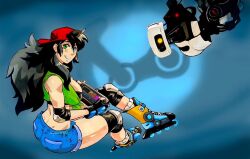 Rule 34 | 1girl, ass, black hair, blush, breasts, cleavage, glados, green eyes, large breasts, long hair, portal (series), robot, shorts, tina otto, twistedterra