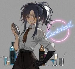 Rule 34 | 1girl, alcohol, angelia (girls&#039; frontline), belt, black belt, black pants, blue hair, blueblossom, bottle, brown eyes, brown necktie, champagne flute, cocktail glass, cocktail shaker, collared shirt, commentary, cup, dark blue hair, drinking glass, english commentary, english text, facial scar, girls&#039; frontline, hand on own hip, high-waist pants, holding shaker, looking at viewer, mechanical arms, necktie, neon sign, pants, ponytail, scar, scar on cheek, scar on face, scar on forehead, shirt, sidelocks, simple background, single mechanical arm, solo, teeth, tie clip, white shirt