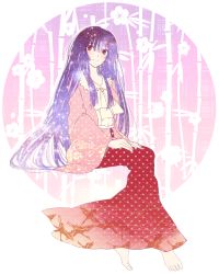 Rule 34 | 1girl, animal print, bamboo, barefoot, bird, black hair, bow, brown eyes, crane (animal), feet, floral print, full body, hands on lap, hime cut, houraisan kaguya, japanese clothes, kimono, long hair, long skirt, long sleeves, looking at viewer, looking to the side, outline, patterned, polka dot, polka dot skirt, projected inset, red skirt, sariteru, sitting, skirt, smile, solo, space, star (sky), touhou, transparent, unmoving pattern, very long hair, white background, wide sleeves
