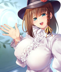 Rule 34 | 1girl, 846-gou, absurdres, black hat, blush, braid, breasts, brown hair, center frills, charlotte corday (fate), charlotte corday (third ascension) (fate), covered erect nipples, dress, fate/grand order, fate (series), frills, green eyes, hat, highres, juliet sleeves, large breasts, long sleeves, looking at viewer, open mouth, puffy sleeves, short hair, side braid, smile, solo, white dress