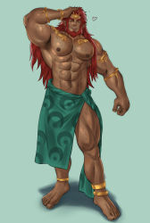 Rule 34 | 1boy, abs, absurdres, anklet, arm up, bara, barefoot, beard, bracelet, chest hair, commentary, dark-skinned male, dark skin, earrings, facial hair, full body, ganondorf, heart, highres, jewelry, k sen212, large pectorals, loincloth, long hair, male focus, muscular, muscular male, nintendo, nipples, pectorals, red eyes, red hair, solo, standing, tattoo, the legend of zelda, thighs, topless male