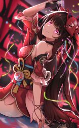 Rule 34 | 1girl, absurdres, arm up, bare shoulders, black choker, black gloves, black hair, blunt bangs, breasts, choker, commentary request, confetti, detached sleeves, facial mark, fox mask, gloves, grin, highres, holding, honkai: star rail, honkai (series), long hair, looking at viewer, mask, mask on head, medium breasts, nail polish, partial commentary, pink eyes, red nails, shirase (shirose), short sleeves, sitting, smile, solo, sparkle (honkai: star rail), twintails, very long hair