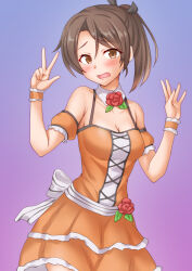Rule 34 | 1girl, anti (untea9), blush, brown eyes, brown hair, dress, embarrassed, frilled dress, frills, gradient background, highres, idol clothes, kantai collection, looking at viewer, open mouth, orange dress, ponytail, purple background, shikinami (kancolle), short hair, solo, v
