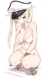 Rule 34 | 10s, 1girl, alternate costume, between legs, bikini, bikini top only, black gloves, blonde hair, blue eyes, bottomless, breasts, cleavage, full body, gloves, goekawa, graf zeppelin (kancolle), groin, halterneck, hand between legs, hat, kantai collection, large breasts, long hair, midriff, navel, peaked cap, simple background, sketch, solo, squatting, stomach, swimsuit, thighs, tsurime, twintails, white background, white bikini