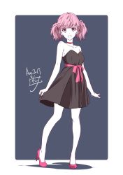Rule 34 | 1girl, 2019, black dress, collarbone, dated, dress, earrings, full body, grey background, high heels, highres, jewelry, looking at viewer, medium hair, nii manabu, open mouth, pink eyes, pink footwear, pink hair, pink ribbon, pumps, ribbon, short dress, signature, sketch, sleeveless, sleeveless dress, solo, standing, strapless, strapless dress, twintails, two-tone background, white background