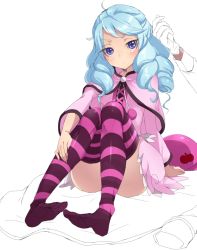 Rule 34 | 10s, 1boy, 1girl, bad id, bad twitter id, blue eyes, blue hair, blush, dress, drill hair, expressionless, eyelashes, feet, gloves, happinesscharge precure!, hosshiwa, looking at viewer, mogiki hayami, namakeruda, pink dress, precure, sitting, sketch, striped clothes, striped thighhighs, thighhighs, thighs, white gloves