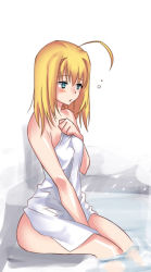 Rule 34 | ahoge, artoria pendragon (all), artoria pendragon (fate), bad id, bad pixiv id, blonde hair, blue eyes, blush, covering privates, fate/stay night, fate (series), hair down, maccyman, naked towel, saber (fate), sitting, solo, towel