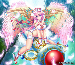 Rule 34 | 1girl, angel wings, arched back, ass, bare shoulders, blue eyes, braid, breasts, butt crack, chloris garden, cleavage, cleavage cutout, clothing cutout, copyright name, cross, detached collar, dress, fantasy, feathers, fingerless gloves, full body, gloves, hair tubes, hat, hijikawa arashi, lake, large breasts, long hair, looking at viewer, nature, official art, original, panties, pink feather, pink feathers, pink hair, pink wings, red cross, riding, shoes, side braid, single braid, sitting, sleeveless, smile, solo, tareme, thigh strap, underwear, white footwear, white gloves, white panties, wing ornament, winged footwear, wings