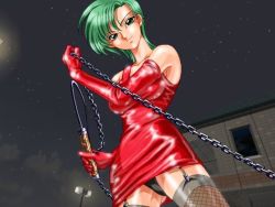 Rule 34 | chain, dominatrix, dress, femdom, fishnets, from below, gloves, green hair, latex, latex gloves, leather, short hair, source request, upskirt, whip