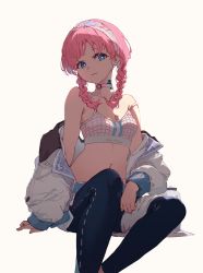 Rule 34 | 1girl, arknights, arm support, black pants, blue eyes, blue poison (arknights), blue poison (shoal beat) (arknights), bottle, braid, breasts, choker, collarbone, commentary, earrings, feet out of frame, fujimaki nora, hairband, highres, jacket, jewelry, looking at viewer, medium breasts, medium hair, midriff, navel, o-ring, o-ring choker, off shoulder, official alternate costume, open clothes, open jacket, pants, pink choker, pink hair, scales, simple background, sitting, solo, sports bra, strap slip, water bottle, white background, white jacket, white sports bra