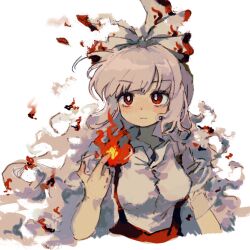Rule 34 | bow, breasts, bright pupils, closed mouth, collared shirt, fire, fujiwara no mokou, hair bow, hand up, large breasts, light frown, long hair, looking at viewer, pants, pyrokinesis, red eyes, red pants, shirt, short hair, simple background, suspenders, touhou, upper body, white background, white bow, white hair, white pupils, white shirt, youshouhaoxianzhe