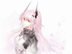 Rule 34 | 1girl, arknights, black horns, black shirt, cleavage cutout, closed mouth, clothing cutout, hair between eyes, high collar, highres, horns, long hair, looking ahead, pink eyes, pink hair, shirt, simple background, solo, theresa (arknights), unfinished, upper body, white background, white shirt, wudifangshi