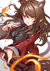 Rule 34 | 1girl, animal ears, arknights, black jacket, black necktie, breasts, brown hair, cat ears, cat tail, coat, collared shirt, commentary, cowboy shot, earrings, fire, formal, gradient background, grey background, hair between eyes, highres, holding, holding staff, jacket, jewelry, long hair, looking at viewer, magic, medium breasts, necktie, one-hour drawing challenge, open clothes, open coat, open mouth, red coat, shirt, simple background, skyfire (arknights), solo, spica (spica 1510), staff, suit, tail, white background, white shirt, wing collar, yellow eyes