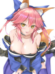 Rule 34 | 1girl, absurdres, animal ear fluff, animal ears, bare shoulders, blue kimono, blue legwear, blue ribbon, blush, breasts, cleavage, collarbone, commentary, commentary request, detached sleeves, fate/extra, fate/grand order, fate (series), fox ears, fox girl, fox tail, hair ribbon, highres, japanese clothes, kamehito, kimono, large breasts, looking at viewer, open mouth, pink hair, ribbon, simple background, sitting, solo, tail, tamamo (fate), tamamo no mae (fate/extra), wariza, white background, yellow eyes