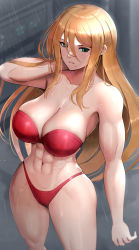 Rule 34 | 1girl, abs, absurdres, bare arms, bare shoulders, between breasts, bikini, blonde hair, blue eyes, blush, breasts, cleavage, collarbone, commentary request, gonzarez, hand up, highleg, highleg bikini, highres, large breasts, light smile, long hair, metroid, mole, mole under mouth, muscular, muscular female, navel, nintendo, parted lips, red bikini, samus aran, shiny clothes, shiny skin, simple background, solo, stomach, swimsuit, thighs, water, water drop, wet
