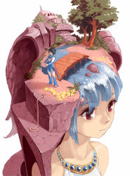 Rule 34 | 1boy, 1girl, architecture, bad id, blue hair, boots, bridge, cape, collar, dress, giant, giantess, house, jewelry, original, paper, personification, pomodorosa, red eyes, river, rope, short hair, simple background, sleeveless, sleeveless dress, surreal, sword, tree, warrior, weapon, white background