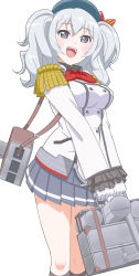 Rule 34 | 1girl, bag, beret, black hat, black skirt, canister, cowboy shot, epaulettes, frilled sleeves, frills, gloves, grey eyes, hat, highres, kantai collection, kashima (kancolle), kerchief, looking at viewer, military, military uniform, miniskirt, neckerchief, open mouth, pleated skirt, red neckerchief, shingyou (alexander-13), sidelocks, silver hair, simple background, skirt, solo, tsurime, twintails, uniform, wavy hair, white background, white gloves