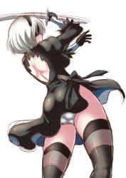 Rule 34 | 1girl, ass, back, back cutout, black dress, black gloves, black thighhighs, blindfold, breasts, clothing cutout, dress, gloves, holding, holding sword, holding weapon, large breasts, nekoi hikaru, nier (series), nier:automata, panties, short hair, simple background, solo, sword, thighhighs, two-sided fabric, two-sided skirt, underwear, weapon, white background, white hair, white panties, 2b (nier:automata)