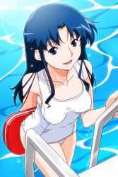 Rule 34 | 1girl, holding behind back, blue eyes, blue hair, climbing, covered erect nipples, from above, fujiwara aya, holding, long hair, official art, one-piece swimsuit, open mouth, photoshop (medium), pool, pool ladder, school swimsuit, solo, super real mahjong, swimsuit, tanaka ryou, water, wet, white one-piece swimsuit