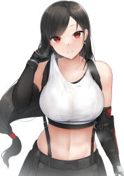 Rule 34 | 1girl, adjusting clothes, black hair, breasts, crop top, final fantasy, final fantasy vii, final fantasy vii remake, highres, large breasts, long hair, looking at viewer, low-tied long hair, navel, nori aji, simple background, single arm guard, skirt, smile, solo, sports bra, steaming body, stomach, suspender skirt, suspenders, sweat, sweaty clothes, tank top, tifa lockhart, upper body, very sweaty, white tank top