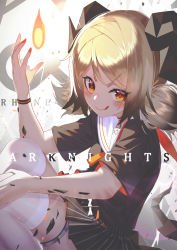 Rule 34 | 1girl, absurdres, alternate costume, arknights, black skirt, copyright name, eyelashes, fire, highres, horns, ifrit (arknights), looking at viewer, material growth, nail polish, nonaginta novem, orange eyes, oripathy lesion (arknights), platinum blonde hair, school uniform, skirt, slit pupils, solo, tail, tongue, tongue out