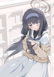 Rule 34 | 1girl, absurdres, bags under eyes, black eyes, black hair, black undershirt, blue archive, blue hair, blue neckerchief, blush, book, bookshelf, brown sweater, closed mouth, commentary request, cowboy shot, eryuus3, halo, highres, holding, holding book, indoors, jewelry, long hair, long skirt, looking at viewer, neckerchief, necklace, off shoulder, pleated skirt, sailor collar, school uniform, serafuku, shirt, skirt, solo, sweat, sweater, ui (blue archive), white sailor collar, white shirt, white skirt, yellow halo