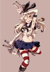 Rule 34 | 10s, 1girl, :3, anchor, armpits, blonde hair, blush, elbow gloves, gloves, hairband, kantai collection, long hair, navel, one eye closed, open mouth, personification, rensouhou-chan, shimakaze (kancolle), simple background, skirt, smile, striped clothes, striped thighhighs, thighhighs, v, white gloves, wink, yamazaki kazu, yellow eyes