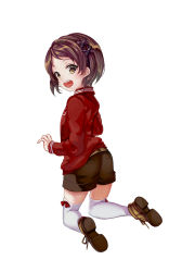 Rule 34 | 1girl, ass, belt, blush, boots, bow, brown belt, brown eyes, brown footwear, brown hair, brown shorts, full body, highres, jacket, kneeling, long sleeves, looking at viewer, looking back, mizukoshi mio, open mouth, pisuke, red bow, red jacket, ryuuou no oshigoto!, shoe soles, short shorts, shorts, simple background, solo, thighhighs, thighhighs under boots, white background, white thighhighs