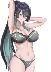Rule 34 | 1girl, armpits, arms behind head, arms up, bare shoulders, black hair, blue eyes, blush, bra, breasts, cleavage, cloud retainer (genshin impact), collarbone, genshin impact, grey bra, grey panties, high ponytail, highres, large breasts, long hair, looking at viewer, multicolored hair, navel, panties, ponytail, smile, solo, streaked hair, thighs, tian kazuki, underwear, xianyun (genshin impact)