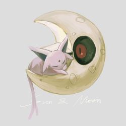 Rule 34 | animal focus, black sclera, closed eyes, colored sclera, creatures (company), crescent, english text, espeon, floating, forehead jewel, from side, full body, game freak, gem, gen 2 pokemon, gen 3 pokemon, grey background, highres, lunatone, lying, muted color, nintendo, no humans, on crescent, on stomach, pokemon, pokemon (creature), red eyes, red gemstone, simple background, sleeping, u u, yug (yu g)