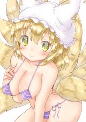 Rule 34 | 1girl, animal ears, bent over, bikini, blonde hair, blush, breast hold, breasts, fox ears, fox tail, green eyes, hat, looking at viewer, mob cap, multiple tails, onomiya, short hair, simple background, smile, solo, swimsuit, tail, touhou, white background, yakumo ran