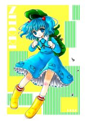 Rule 34 | 1girl, backpack, bag, blue dress, blue eyes, blue hair, boots, dress, female focus, green hat, hair bobbles, hair ornament, hat, kawashiro nitori, key, matching hair/eyes, patterned legwear, pocket, randoseru, red &amp; white, rubber boots, screw, shinsui uri, shoes, socks, solo, striped clothes, striped socks, touhou, twintails, two-tone stripes, two side up, yellow footwear, yellow socks