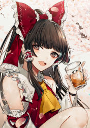 Rule 34 | 1girl, :d, absurdres, bare shoulders, black hair, blush, bow, brown eyes, cherry blossoms, commentary request, cup, daimaou ruaeru, detached sleeves, drinking glass, frilled bow, frills, grey background, hair bow, hair tubes, hakurei reimu, hand up, head tilt, highres, holding, holding cup, long hair, long sleeves, looking at viewer, open mouth, petals, red bow, sidelocks, sitting, smile, solo, touhou, upper body, wide sleeves, wristband