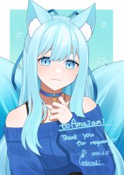 Rule 34 | 1girl, absurdres, amaiami (vtuber), animal ear fluff, animal ears, artist name, bare shoulders, blue background, blue choker, blue eyes, blue hair, blue ribbon, blue sweater, blue tail, blue theme, character name, choker, closed mouth, commentary request, commission, dated, eyebrows hidden by hair, fox ears, fox girl, fox tail, hair ribbon, hand on own chest, hand up, heart, highres, indie virtual youtuber, light smile, long hair, long sleeves, looking at viewer, multiple tails, off-shoulder sweater, off shoulder, polka dot, polka dot background, polka dot choker, polka dot ribbon, polka dot sweater, puffy long sleeves, puffy sleeves, ribbed sweater, ribbon, sidelocks, signature, skeb commission, solo, star (symbol), star choker, sweater, tail, tebamaru, thank you, upper body, virtual youtuber, wavy mouth, white background