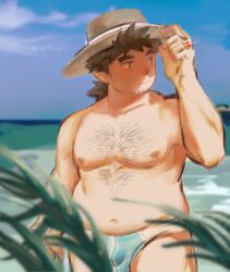 Rule 34 | 1boy, andvari (housamo), badai, bare pectorals, beard stubble, blue male swimwear, blue sky, brown eyes, brown hair, brown hat, bulge, chest hair, cloud, day, facial hair, fingernails, gem, gleam, goatee stubble, hand on headwear, hat, jewelry, looking to the side, low ponytail, male focus, male swimwear, mature male, medium hair, mountainous horizon, nipples, nude, ocean, official alternate costume, outdoors, palm leaf, pectorals, red gemstone, ring, sky, solo, spiked hair, stubble, sun hat, thick eyebrows, tokyo houkago summoners