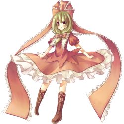 Rule 34 | 1girl, amane kurumi, boots, bow, collar, cross-laced footwear, dress, female focus, frills, front ponytail, full body, green eyes, green hair, hair ribbon, highres, kagiyama hina, knee boots, lace-up boots, matching hair/eyes, open mouth, ribbon, solo, touhou, transparent background