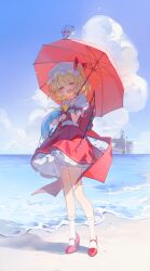 Rule 34 | !?, 2girls, ^ ^, absurdres, ascot, beach, blonde hair, blue sky, bubble skirt, building, chibi, cirno, closed eyes, cloud, day, facing viewer, fangs, flandre scarlet, frilled skirt, frilled sleeves, frilled socks, frills, full body, happy, hat, high heels, highres, holding, holding umbrella, horizon, kneehighs, mary janes, medium hair, mini person, minigirl, mob cap, multiple girls, ocean, one side up, open mouth, outdoors, parasol, pointy ears, puffy short sleeves, puffy sleeves, red footwear, red skirt, red vest, shirt, shoes, short sleeves, skirt, skirt set, sky, smile, socks, solo focus, standing, touhou, transparent (randomhs), umbrella, vest, water, white headwear, white shirt, white skirt, white socks, wrist cuffs, yellow ascot