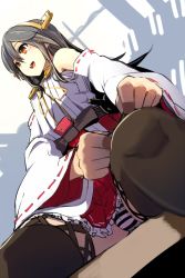 Rule 34 | 10s, 1girl, adjusting clothes, adjusting legwear, black hair, detached sleeves, foreshortening, from below, hairband, haruna (kancolle), highres, japanese clothes, kantai collection, long hair, momo (higanbana and girl), open mouth, panties, pantyshot, revision, skirt, smile, solo, striped clothes, striped panties, thighhighs, underwear, upskirt