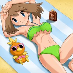 Rule 34 | 1girl, armpits, beach, bikini, blue eyes, breasts, brown hair, creatures (company), game freak, gen 3 pokemon, large breasts, looking at viewer, lotion, lowres, lying, may (pokemon), nintendo, on back, outdoors, pokemoa, pokemon, pokemon (anime), pokemon (creature), pokemon rse (anime), smile, sunglasses, sunscreen, swimsuit, torchic, underboob