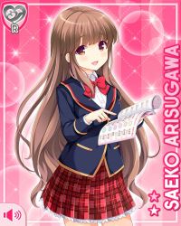 Rule 34 | 1girl, arisugawa saeko, blue jacket, bow, bowtie, brown eyes, brown hair, card (medium), girlfriend (kari), jacket, long hair, magazine (object), official art, open mouth, pink background, plaid, plaid skirt, pointing at object, qp:flapper, red bow, red skirt, school uniform, shirt, skirt, smile, solo, tagme, white shirt