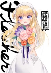 Rule 34 | 1girl, blonde hair, bouquet, cowboy shot, double bun, dress, fletcher (kancolle), flower, hair bun, hair ornament, hairband, holding, holding bouquet, kantai collection, long hair, looking at viewer, n:go, official alternate costume, one-hour drawing challenge, smile, solo, star (symbol), star hair ornament, twitter username, white background, white dress