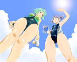 Rule 34 | 2girls, bad id, bad pixiv id, blue eyes, bottle, brown eyes, competition swimsuit, from below, green hair, highres, multiple girls, one-piece swimsuit, original, perspective, pocari sweat, pov, purple hair, shoko (moccom), short hair, speedo (company), swim cap, swimsuit, twintails