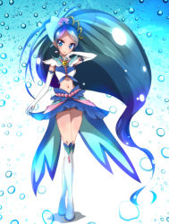 Rule 34 | 1girl, arm warmers, blue dress, blue eyes, blue hair, blue skirt, blush, boots, brooch, cure mermaid, detached sleeves, dress, earrings, eyelashes, gloves, go! princess precure, gradient background, hair ornament, happy, haru (nature life), jewelry, kaidou minami, knee boots, kneehighs, long hair, looking at viewer, magical girl, matching hair/eyes, midriff, multicolored hair, navel, ponytail, precure, purple hair, shell, shell earrings, skirt, smile, socks, solo, standing, streaked hair, two-tone hair, very long hair, white gloves, wrist cuffs
