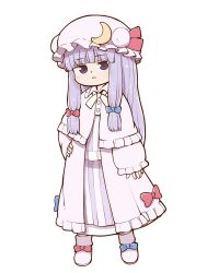 Rule 34 | 1girl, blue bow, blunt bangs, bow, capelet, commentary, crescent, crescent hat ornament, dress, dress bow, footwear bow, full body, hair bow, hand on own hip, hat, hat ornament, hat ribbon, light blush, long hair, looking at viewer, mob cap, parted lips, patchouli knowledge, pink footwear, poronegi, purple eyes, purple hair, red bow, red ribbon, ribbon, robe, simple background, solo, touhou, very long hair, white background, wide sleeves