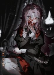Rule 34 | 1boy, absurdres, black coat, black ribbon, blood, blood on face, blood on hands, chinese commentary, coat, commentary request, deqhuqih, film grain, hatsutori hajime, highres, juliet sleeves, lace-trimmed shorts, lace trim, long hair, long sleeves, male focus, neck ribbon, pale skin, pink hair, puffy sleeves, red eyes, red shorts, ribbon, saibou shinkyoku, shorts, sitting, solo