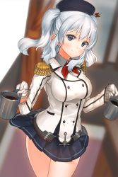 Rule 34 | 10s, 1girl, absurdres, bad id, bad pixiv id, bare legs, beret, blue eyes, blue skirt, blurry, blush, bow, bowtie, breasts, coffee, cup, depth of field, drink, dutch angle, epaulettes, female focus, frilled sleeves, frills, gloves, harumaki haruki, hat, highres, holding, holding cup, kantai collection, kashima (kancolle), large breasts, legs, long sleeves, looking at viewer, military, military uniform, miniskirt, neck, pleated skirt, short hair, silver hair, skirt, smile, solo, standing, two side up, uniform, upskirt, white gloves, white uniform